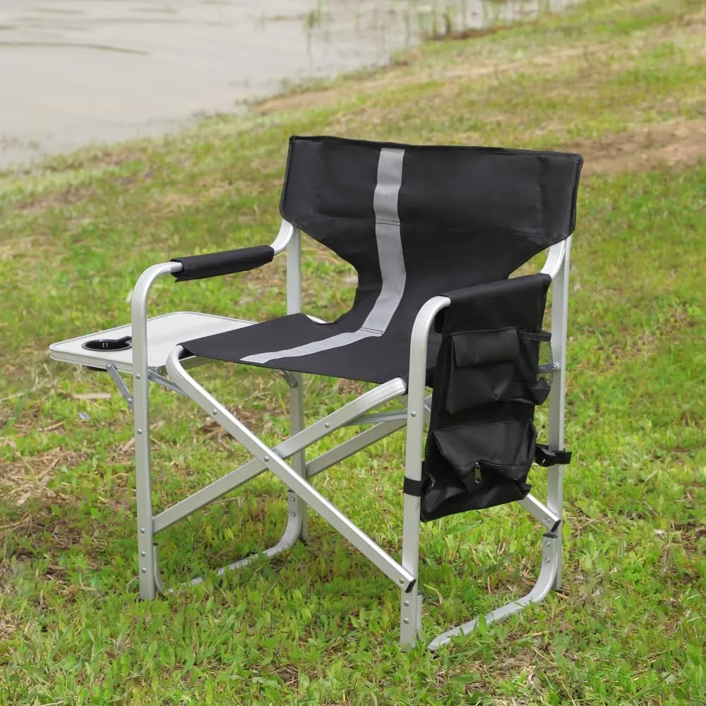 1-Piece Padded Folding Outdoor Chair with Side Table and Storage Pockets,Lightweight Oversized Directors Chair for Indoor, Outdoor Camping, (Black  Gray   Aluminum)