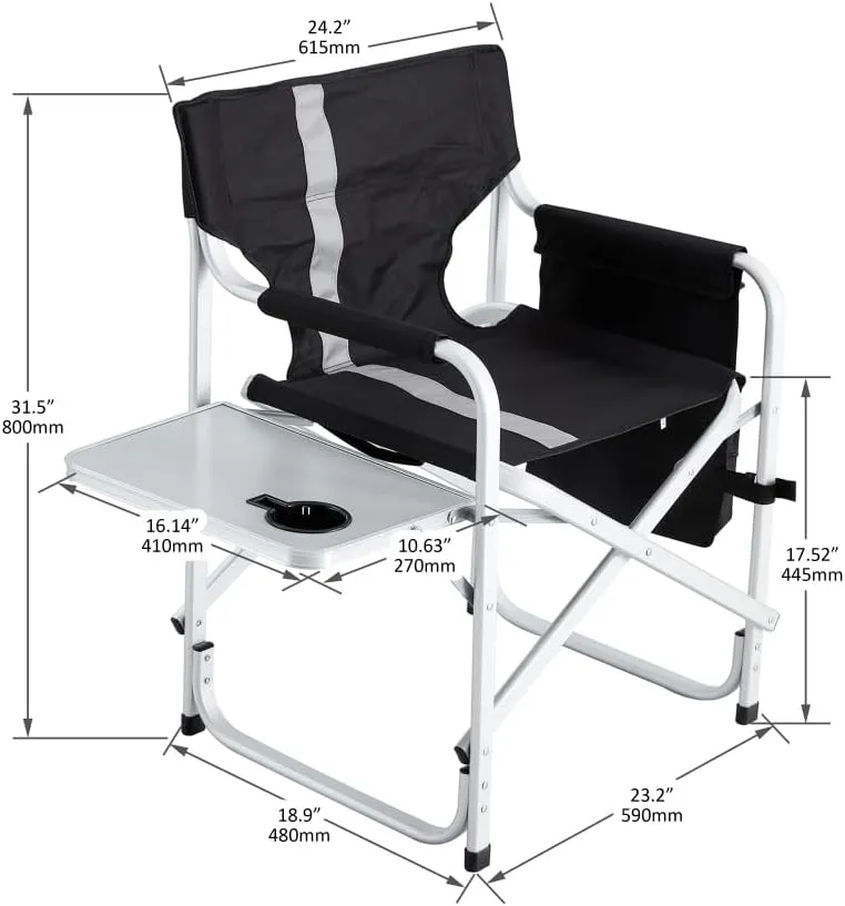 1-Piece Padded Folding Outdoor Chair with Side Table and Storage Pockets,Lightweight Oversized Directors Chair for Indoor, Outdoor Camping, (Black  Gray   Aluminum)