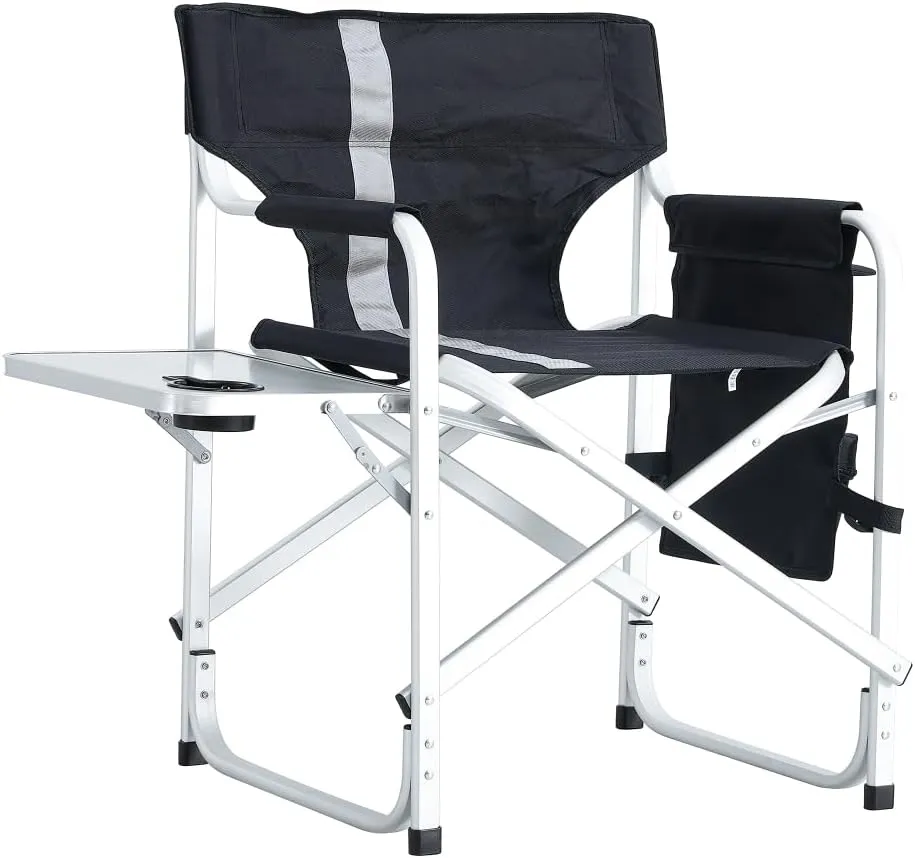 1-Piece Padded Folding Outdoor Chair with Side Table and Storage Pockets,Lightweight Oversized Directors Chair for Indoor, Outdoor Camping, (Black  Gray   Aluminum)