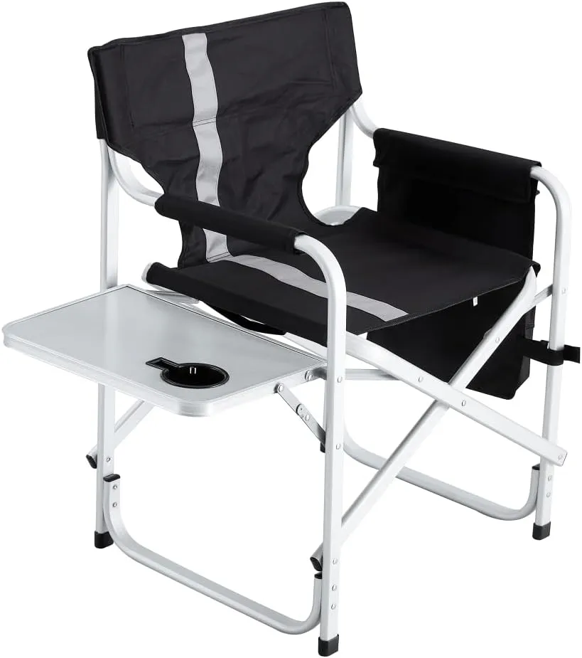1-Piece Padded Folding Outdoor Chair with Side Table and Storage Pockets,Lightweight Oversized Directors Chair for Indoor, Outdoor Camping, (Black  Gray   Aluminum)