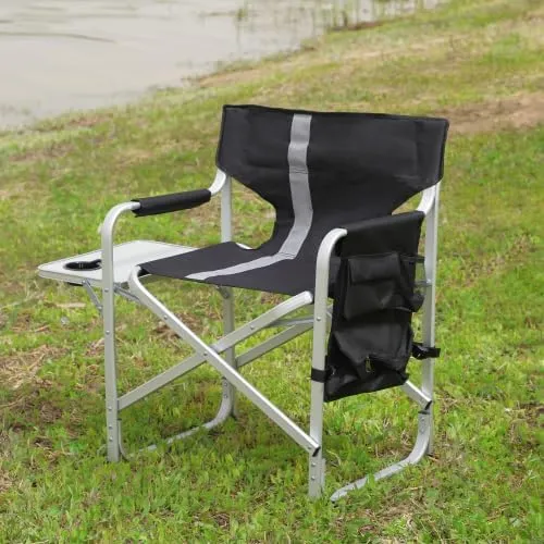 1-Piece Padded Folding Outdoor Chair with Side Table and Storage Pockets,Lightweight Oversized Directors Chair for Indoor, Outdoor Camping, Picnics and Fishing,Black/Grey