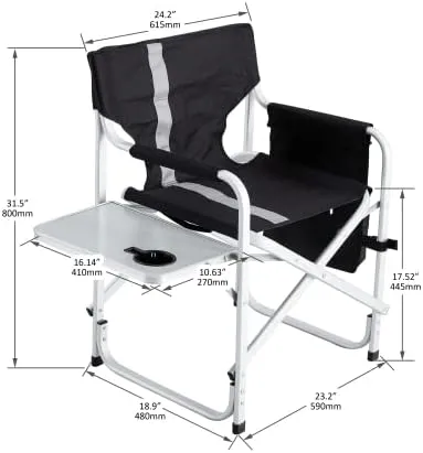 1-Piece Padded Folding Outdoor Chair with Side Table and Storage Pockets,Lightweight Oversized Directors Chair for Indoor, Outdoor Camping, Picnics and Fishing,Black/Grey