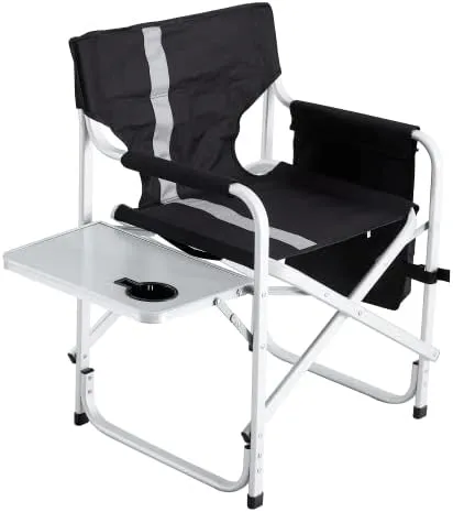 1-Piece Padded Folding Outdoor Chair with Side Table and Storage Pockets,Lightweight Oversized Directors Chair for Indoor, Outdoor Camping, Picnics and Fishing,Black/Grey