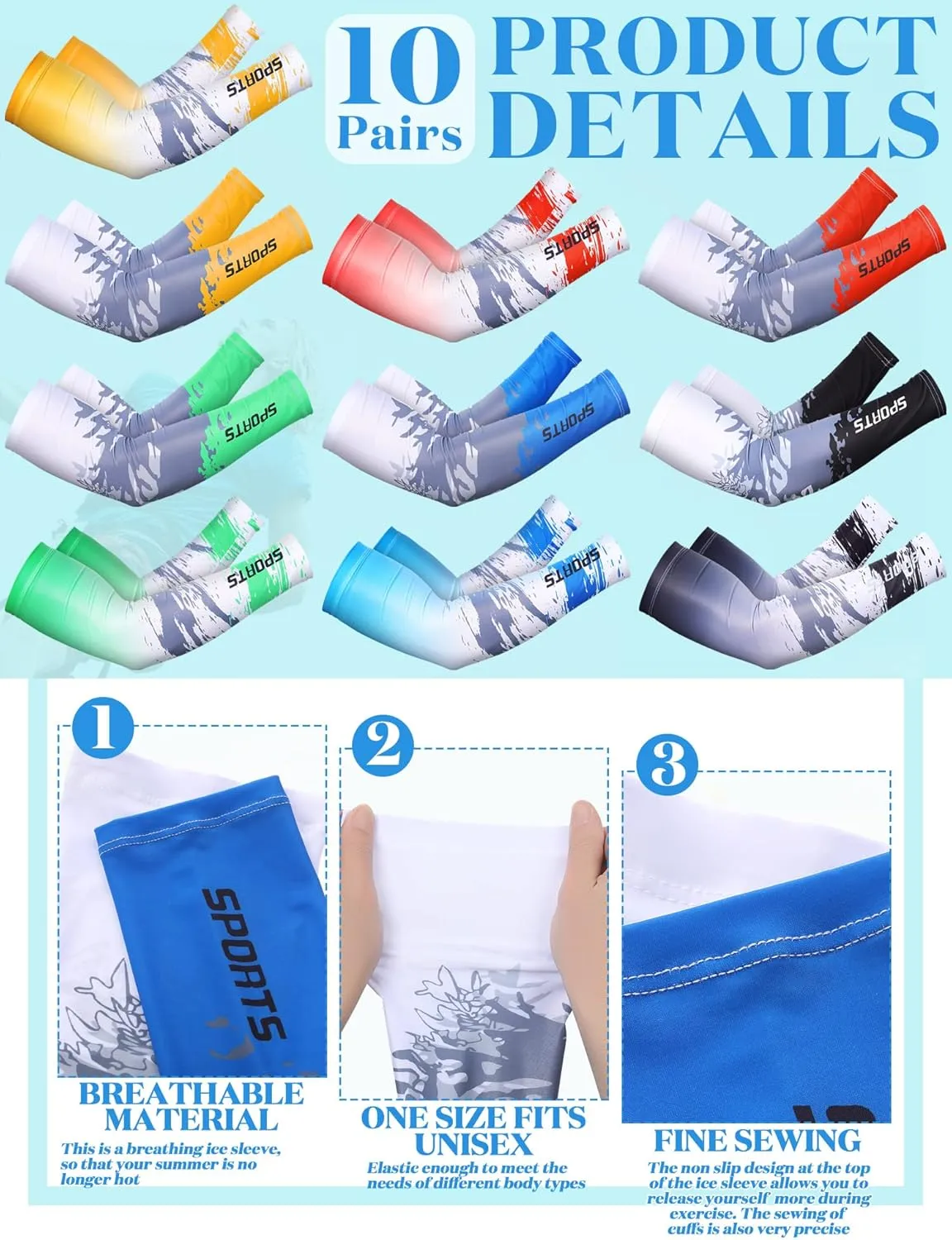 10 Pairs Sun Protection UV Arm Sleeves Cooling Anti Slip Compression Sleeves Sports Polyester Cycling Covers