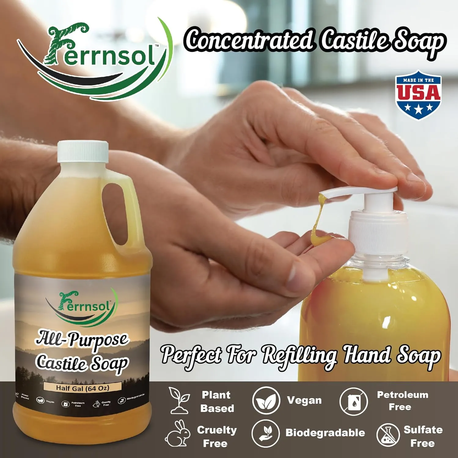 1/2-gal All-Purpose Castile Liquid Soap – Unscented, Fragrance-Free – Natural Multi-Surface Cleaner for Home, Hands, and More – Biodegradable – 64oz