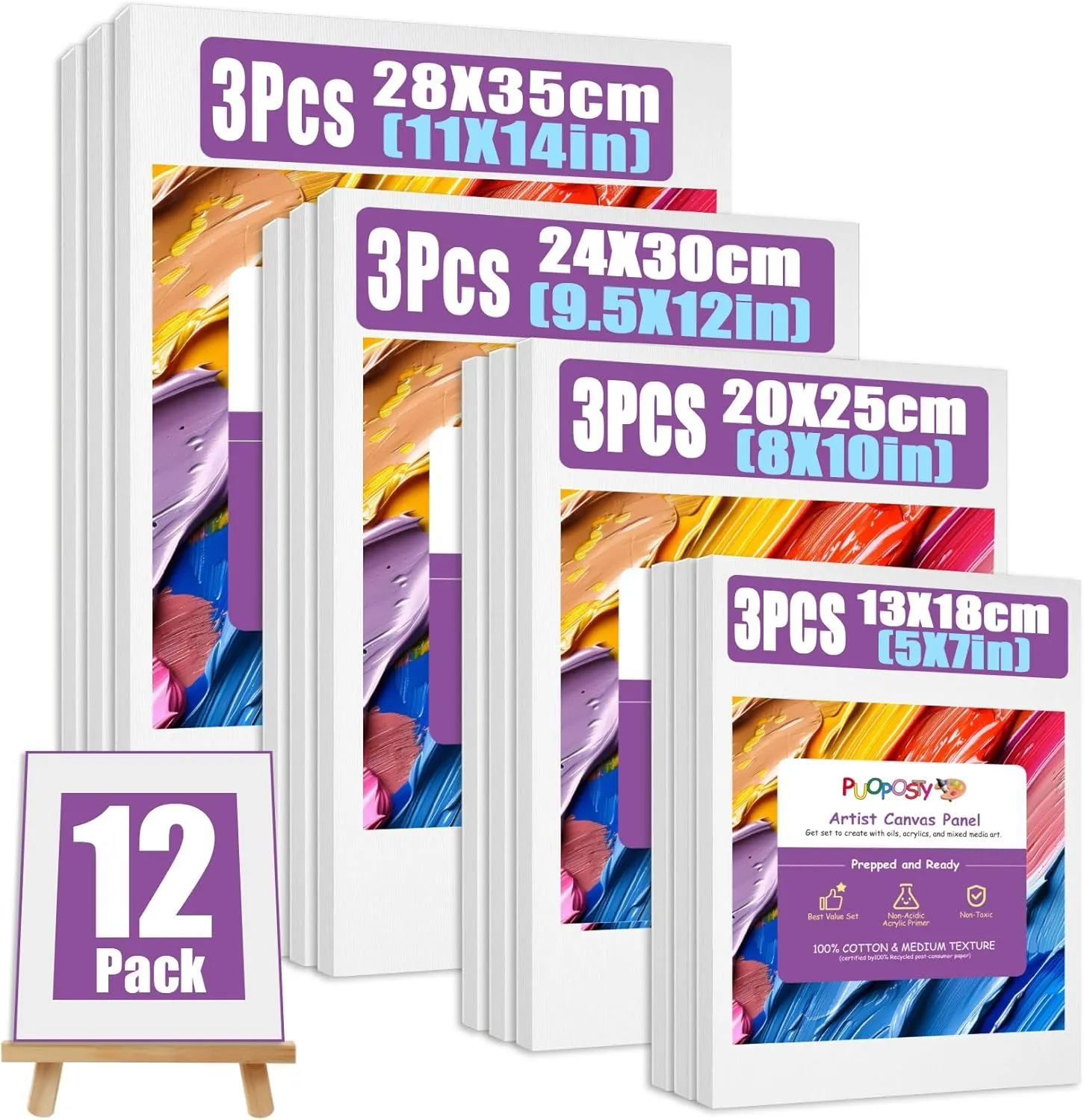 12 Value Pack Stretched Canvases for Painting, Multi-Size (5x7, 8x10, 9.5x12, 11x14 in), 100% Cotton Blank Canvases, Acid-Free for Oil,Acrylic Paint, for Beginners & Pros, Kids & Artists