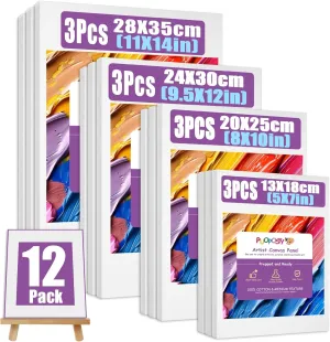 12 Value Pack Stretched Canvases for Painting, Multi-Size (5x7, 8x10, 9.5x12, 11x14 in), 100% Cotton Blank Canvases, Acid-Free for Oil,Acrylic Paint, for Beginners & Pros, Kids & Artists