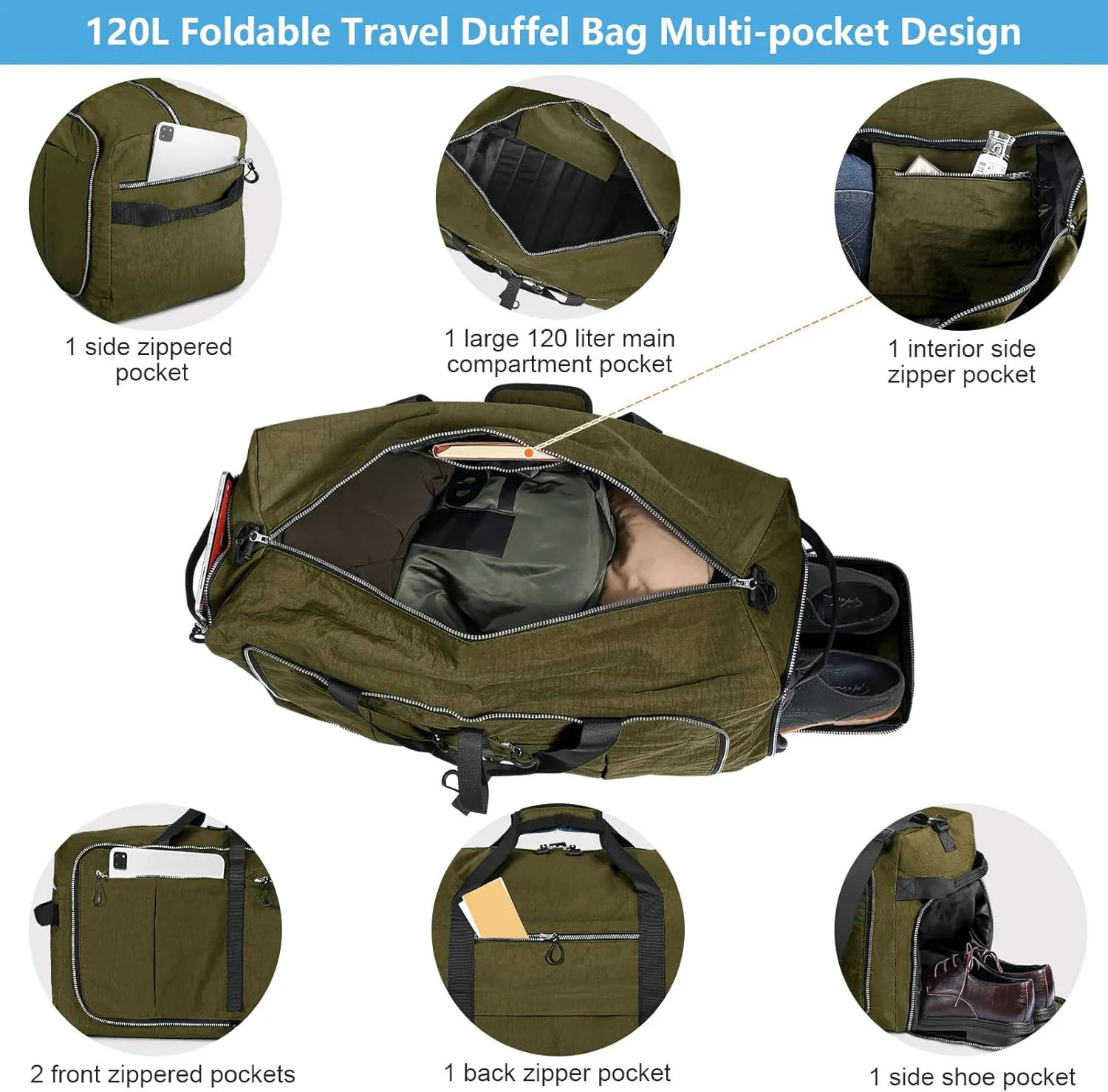 120L Foldable Nylon Duffle Bag, Waterproof Extra Large Travel Bag with Thicken Bottom, Army Green