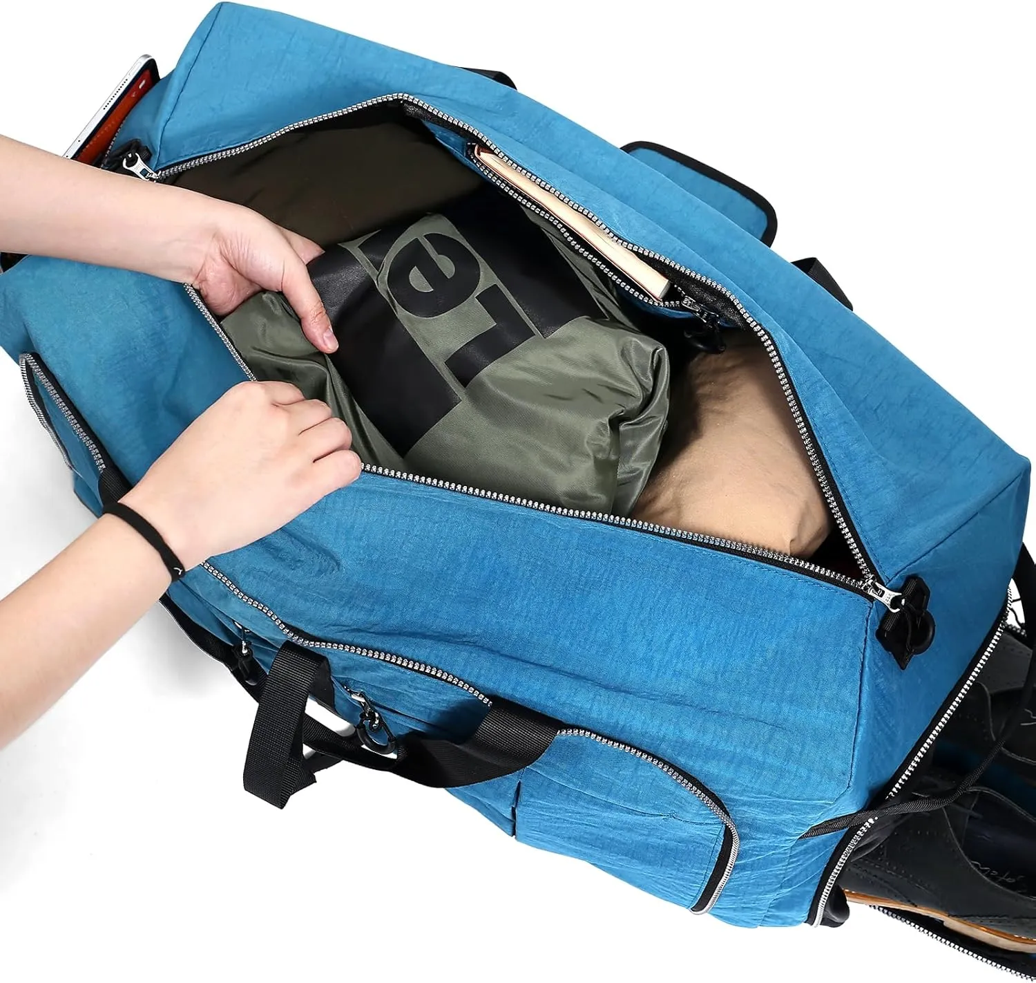 120L Foldable Nylon Duffle Bag, Waterproof Extra Large Travel Bag with Thicken Bottom, Blue