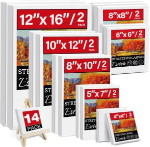 14 Packs Stretched Canvas for Painting, MultiSize 12x16, 10x12, 8x10, 5x7, 8x8, 6x6, 4x4 (2 of Each), Primed Blank Canvas for Oil, Acrylic Paint,for Beginner, Artist.