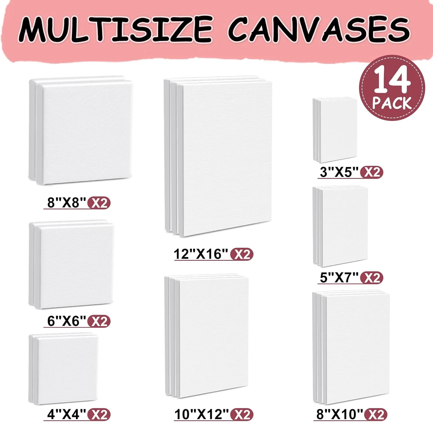 14 Packs Stretched Canvas for Painting, MultiSize 12x16, 10x12, 8x10, 5x7, 8x8, 6x6, 4x4 (2 of Each), Primed Blank Canvas for Oil, Acrylic Paint,for Beginner, Artist.