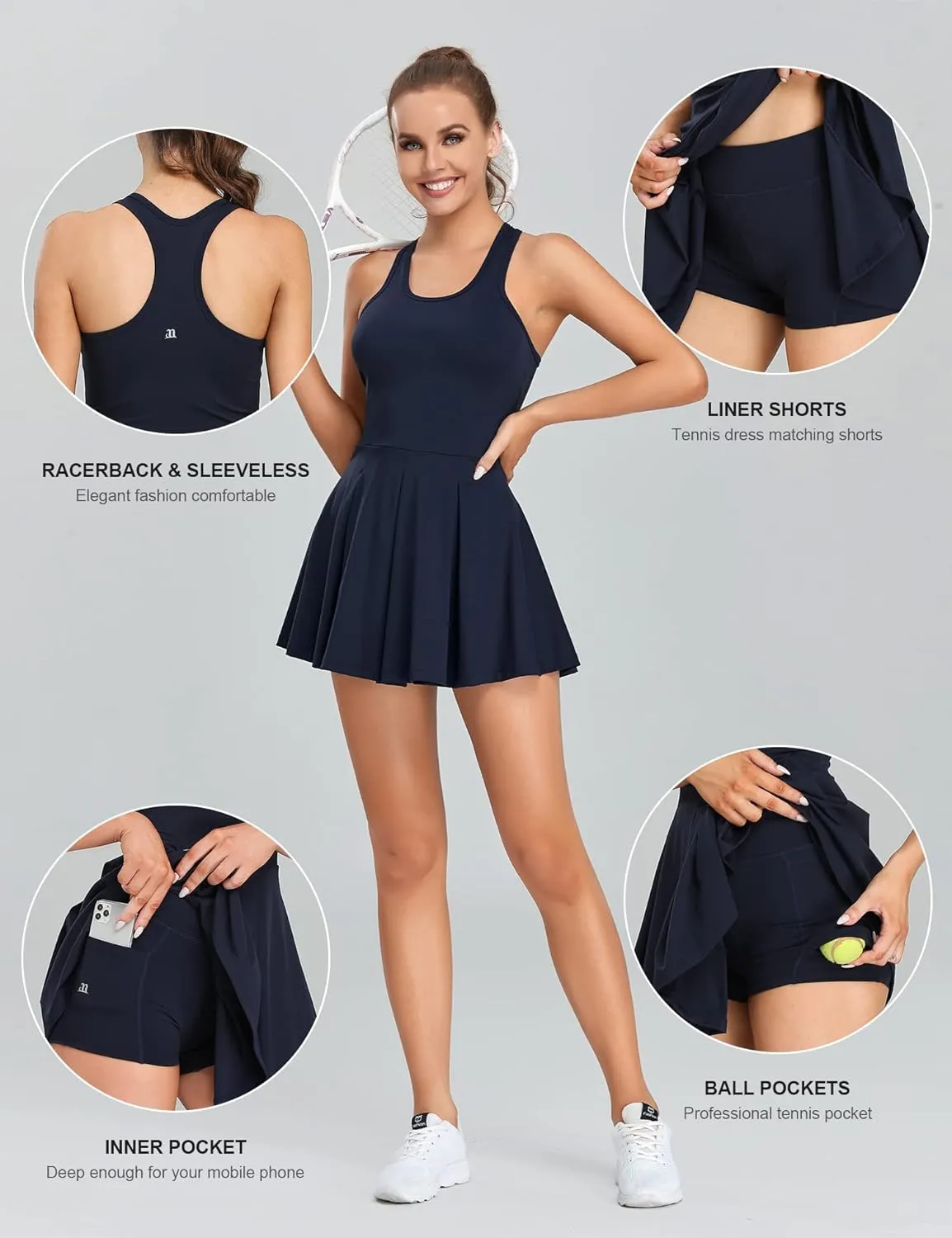 1a1a Women’s Tennis Golf Dress with Shorts Pockets Sleeveless Workout Sports Athletic Dresses