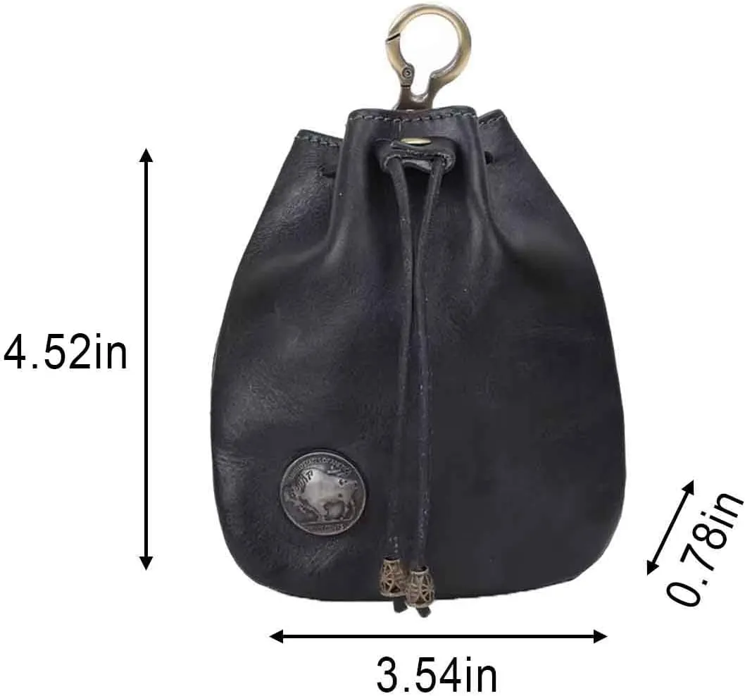 1Pcs Medieval Genuine Leather Drawstring Change Purse Key Ring Purse Coin Organizer Drawstring Gift Bag Jewelry Storage Bag Mini Multifunction Walle for Men & Women (Black)