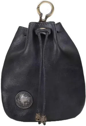 1Pcs Medieval Genuine Leather Drawstring Change Purse Key Ring Purse Coin Organizer Drawstring Gift Bag Jewelry Storage Bag Mini Multifunction Walle for Men & Women (Black)