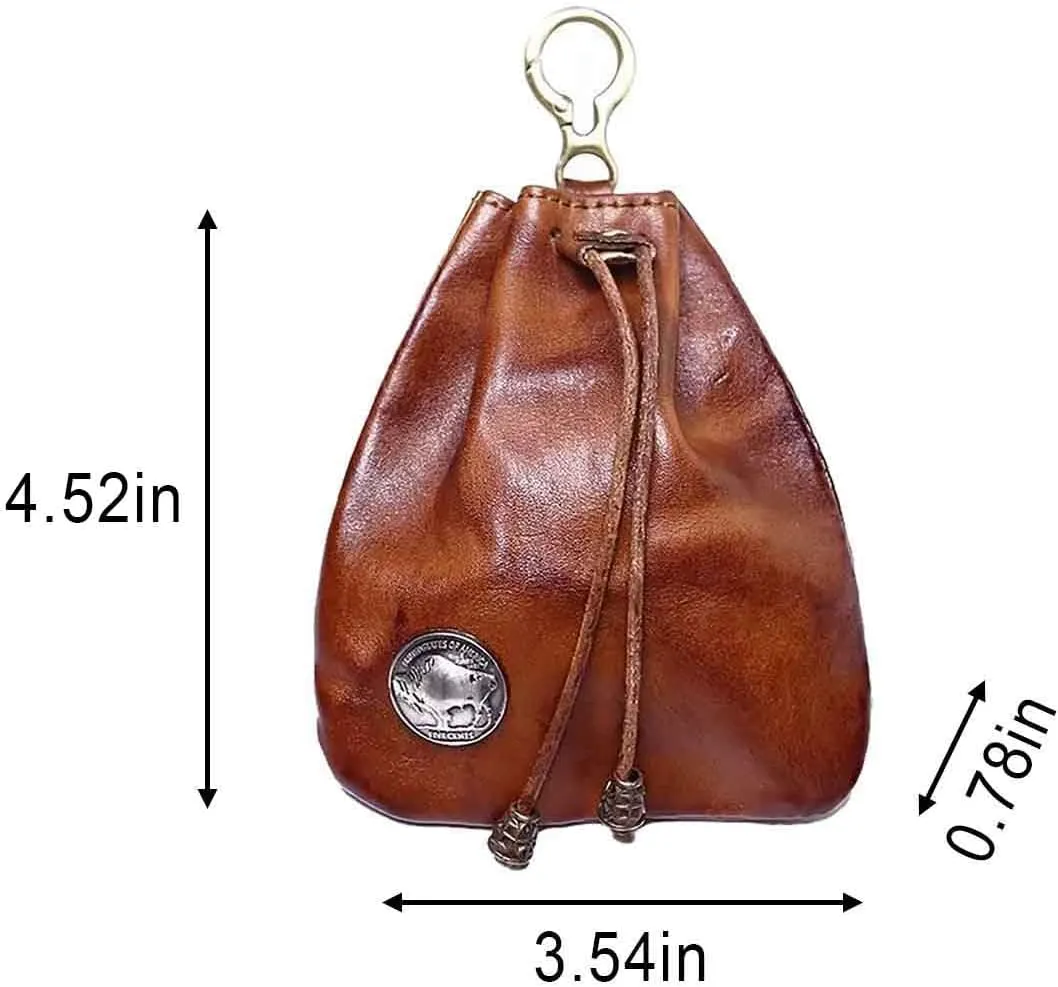 1Pcs Medieval Genuine Leather Drawstring Change Purse Key Ring Purse Coin Organizer Drawstring Gift Bag Jewelry Storage Bag Mini Multifunction Walle for Men & Women (Brown)