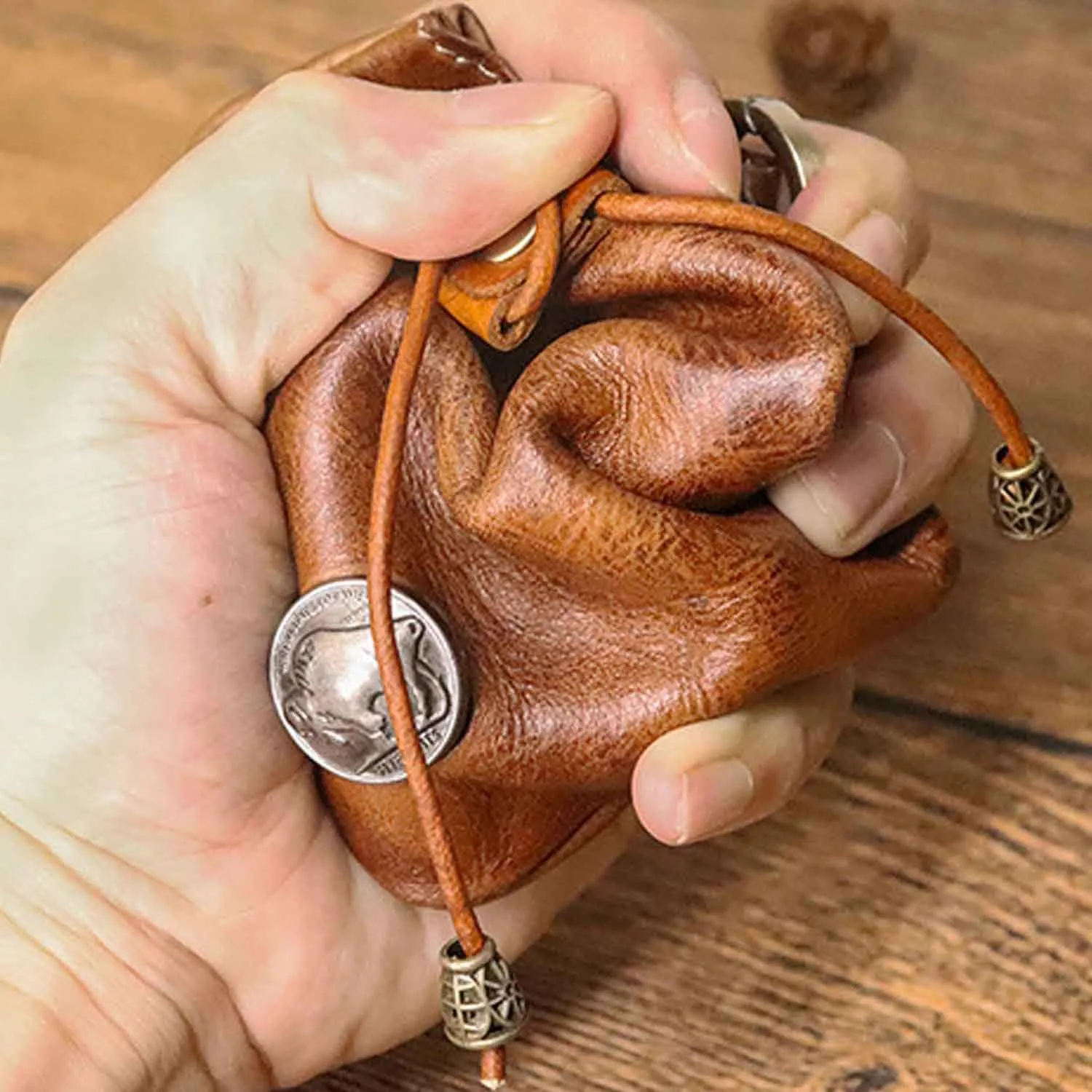 1Pcs Medieval Genuine Leather Drawstring Change Purse Key Ring Purse Coin Organizer Drawstring Gift Bag Jewelry Storage Bag Mini Multifunction Walle for Men & Women (Brown)