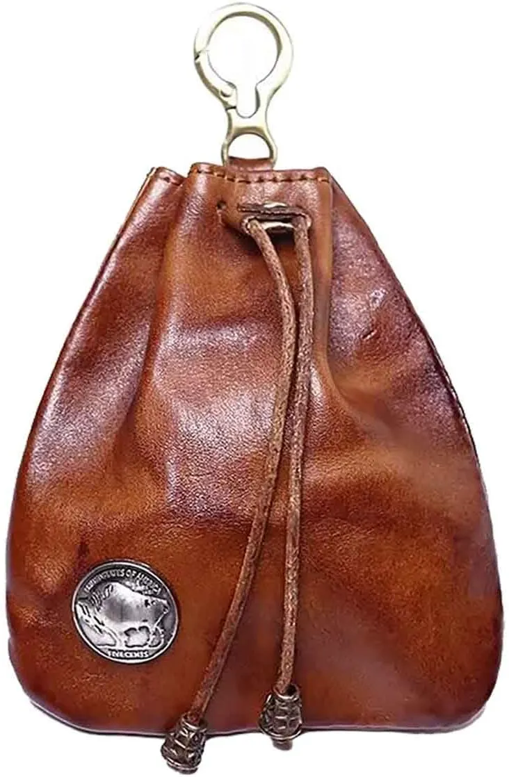 1Pcs Medieval Genuine Leather Drawstring Change Purse Key Ring Purse Coin Organizer Drawstring Gift Bag Jewelry Storage Bag Mini Multifunction Walle for Men & Women (Brown)
