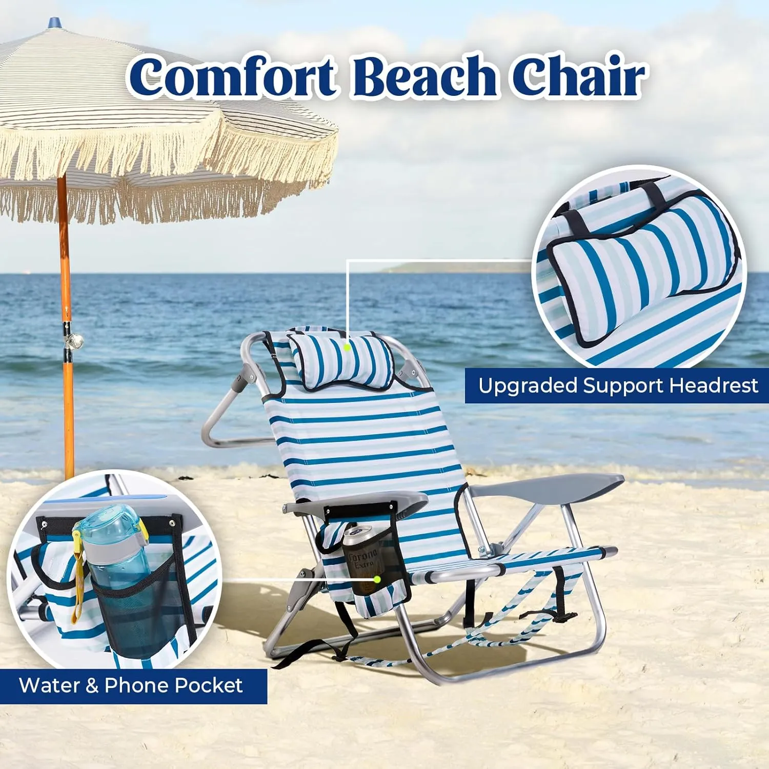 2 Pack Lightweight Portable Camping Beach Chair for Adults, Outdoor Lay Flat Folding Beach Chairs with 4 Positions, Backpack Beach Chair with Towel Bar, Cooler Pouch, Cup Holder, White Striped