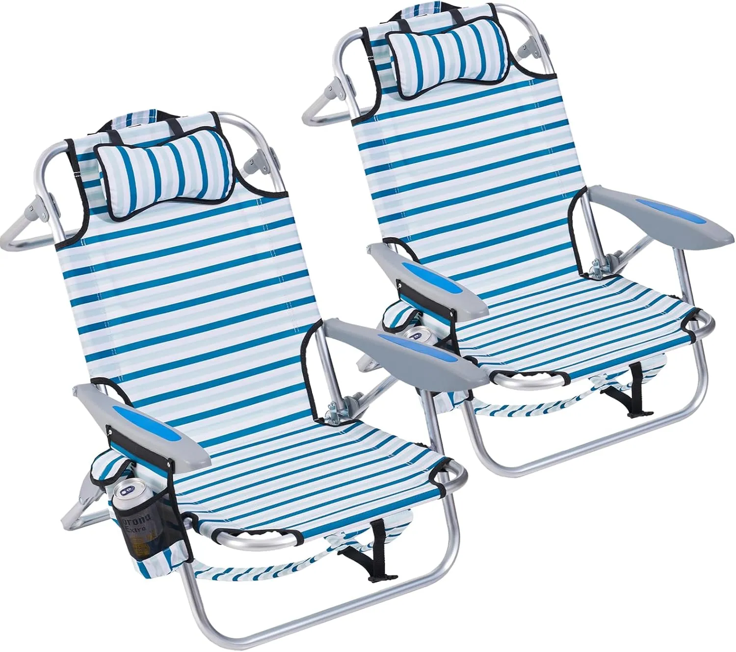 2 Pack Lightweight Portable Camping Beach Chair for Adults, Outdoor Lay Flat Folding Beach Chairs with 4 Positions, Backpack Beach Chair with Towel Bar, Cooler Pouch, Cup Holder, White Striped