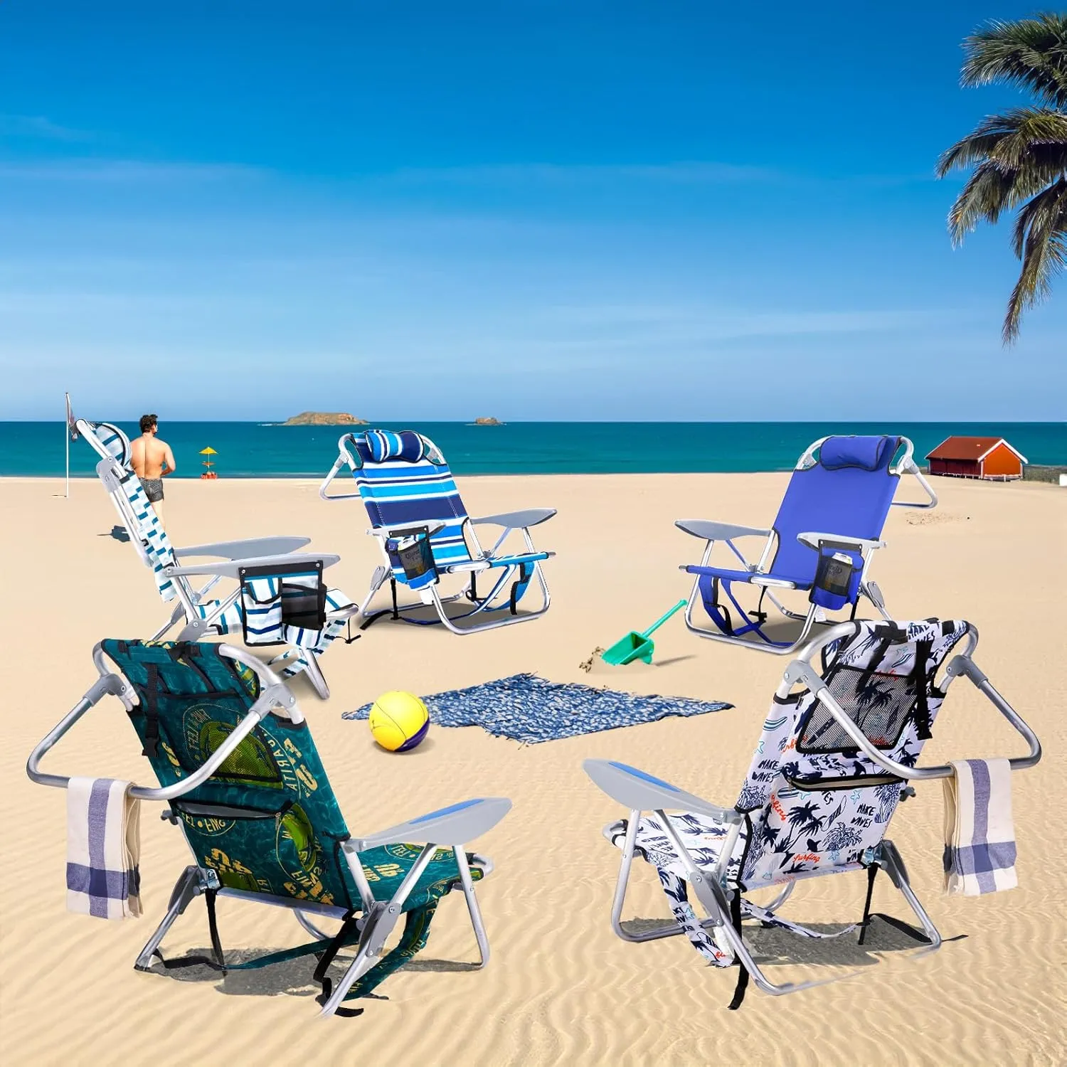 2 Pack Lightweight Portable Camping Beach Chair for Adults, Outdoor Lay Flat Folding Beach Chairs with 4 Positions, Backpack Beach Chair with Towel Bar, Cooler Pouch, Cup Holder, White Striped