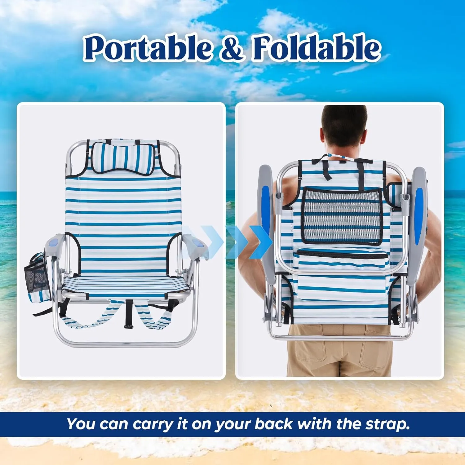 2 Pack Lightweight Portable Camping Beach Chair for Adults, Outdoor Lay Flat Folding Beach Chairs with 4 Positions, Backpack Beach Chair with Towel Bar, Cooler Pouch, Cup Holder, White Striped