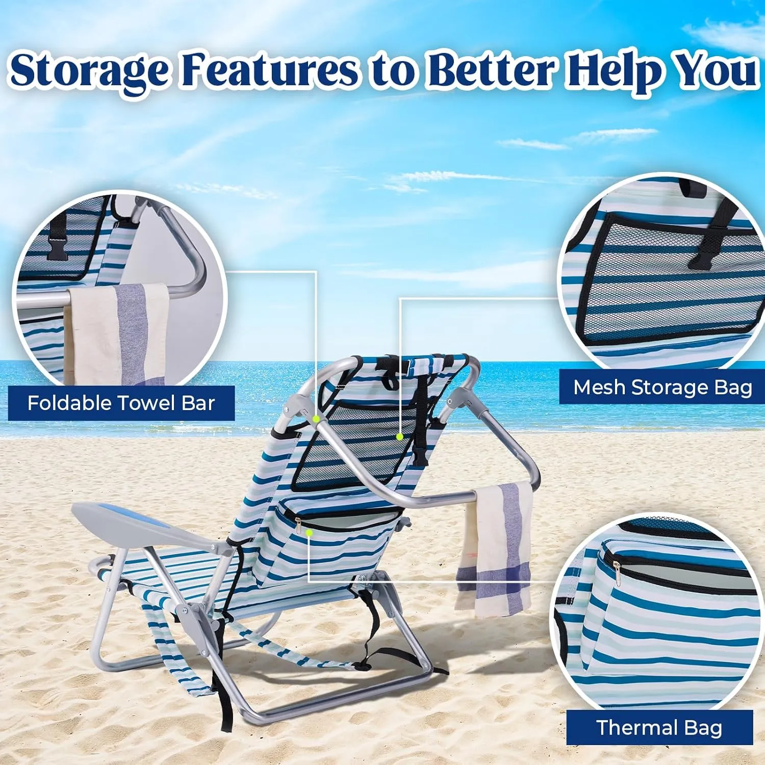 2 Pack Lightweight Portable Camping Beach Chair for Adults, Outdoor Lay Flat Folding Beach Chairs with 4 Positions, Backpack Beach Chair with Towel Bar, Cooler Pouch, Cup Holder, White Striped