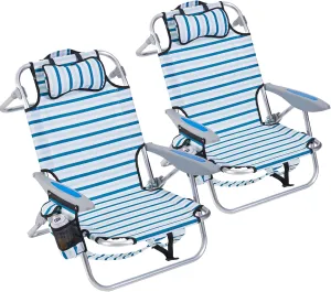 2 Pack Lightweight Portable Camping Beach Chair for Adults, Outdoor Lay Flat Folding Beach Chairs with 4 Positions, Backpack Beach Chair with Towel Bar, Cooler Pouch, Cup Holder, White Striped
