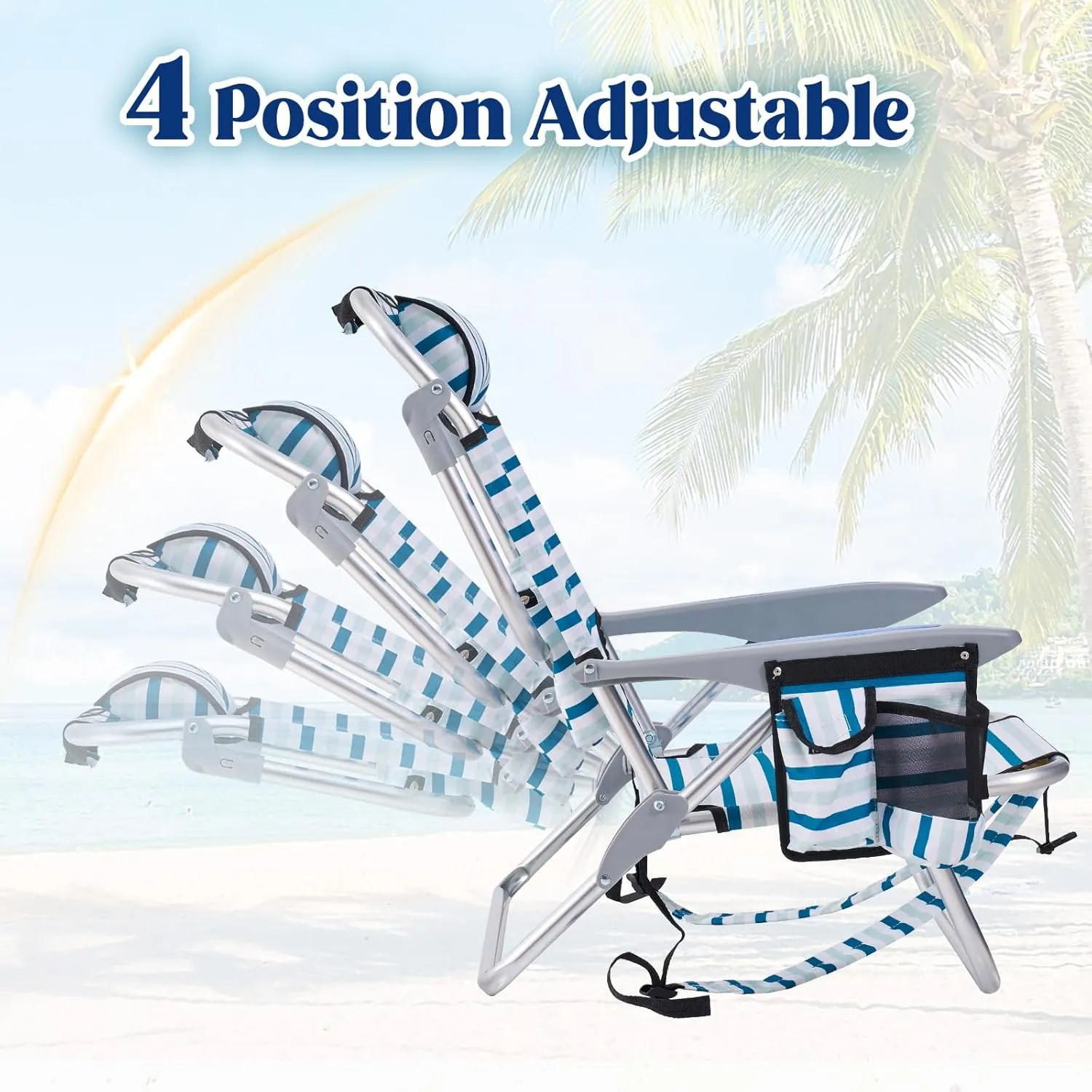 2 Pack Lightweight Portable Camping Beach Chair for Adults, Outdoor Lay Flat Folding Beach Chairs with 4 Positions, Backpack Beach Chair with Towel Bar, Cooler Pouch, Cup Holder, White Striped