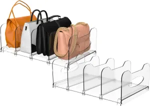 2-Pack Purse Organizers for Closet, Adjustable Shelf Divider Rack for Closet, Clear Handbag Storage Organizer, Plastic Bookshelf Separator Divider for Bedroom Living Room Office