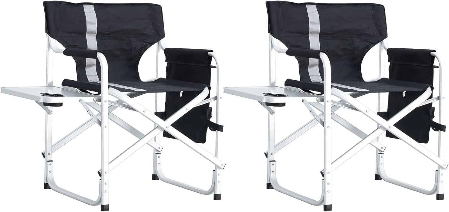 2-Piece Padded Folding Outdoor Chair with Side Table and Storage Pockets,Lightweight Oversized Directors Chair for Indoor, Outdoor Camping, Picnics and Fishing,Black/Grey