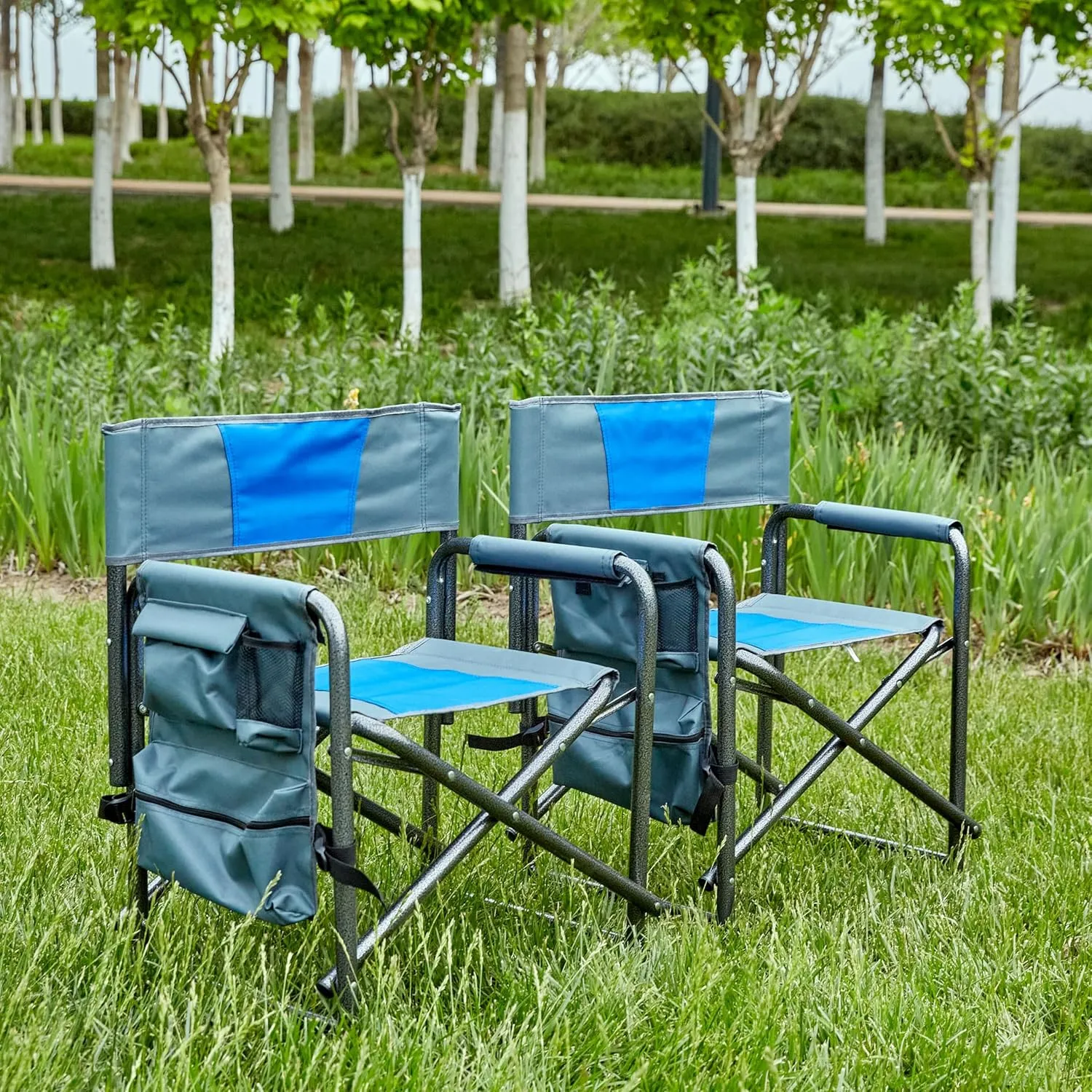 2-Piece Padded Folding Outdoor Chairs with Storage Pockets, Portable Outdoor Camping Chair, Lightweight Oversized Directors Chair for Picnics and Fishing, Blue and Grey