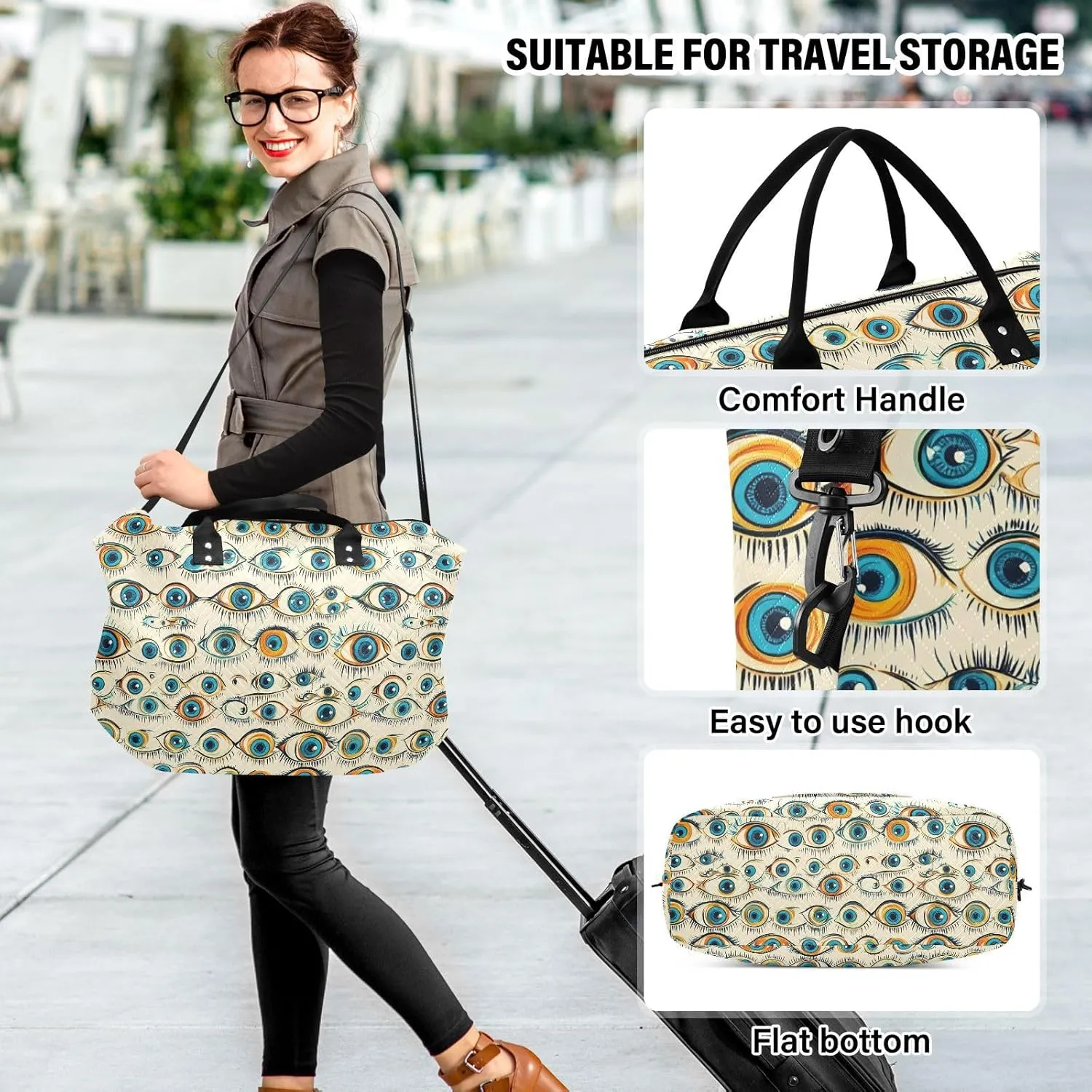 2-Piece Travel Organizer Set - Wave Quilted Expandable Duffel Bag with Detachable Toiletry Pouch, TSA-Compliant Carry-On for Gym/Camping/Airplane, Demon Eyes
