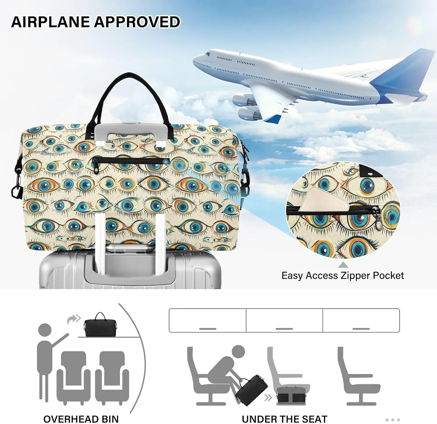 2-Piece Travel Organizer Set - Wave Quilted Expandable Duffel Bag with Detachable Toiletry Pouch, TSA-Compliant Carry-On for Gym/Camping/Airplane, Demon Eyes