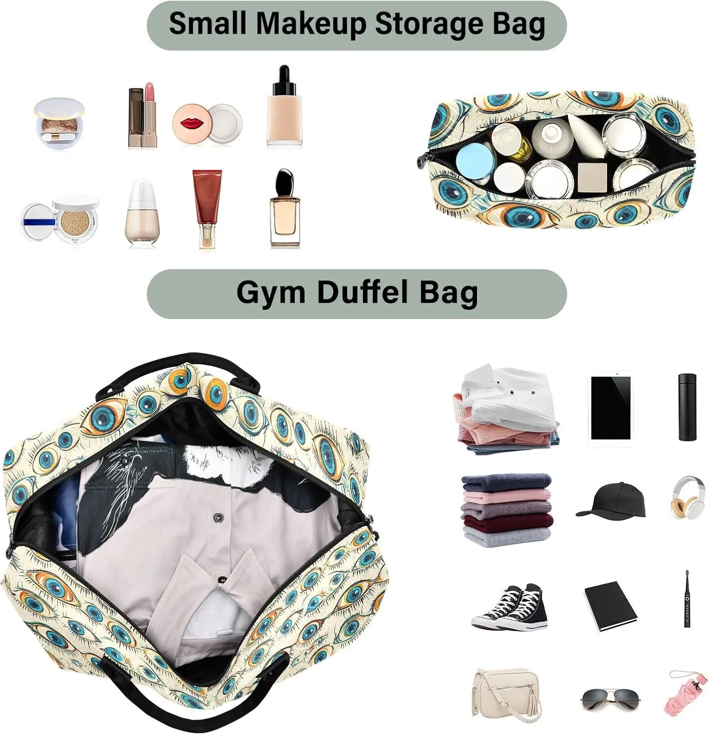 2-Piece Travel Organizer Set - Wave Quilted Expandable Duffel Bag with Detachable Toiletry Pouch, TSA-Compliant Carry-On for Gym/Camping/Airplane, Demon Eyes
