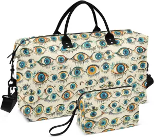 2-Piece Travel Organizer Set - Wave Quilted Expandable Duffel Bag with Detachable Toiletry Pouch, TSA-Compliant Carry-On for Gym/Camping/Airplane, Demon Eyes