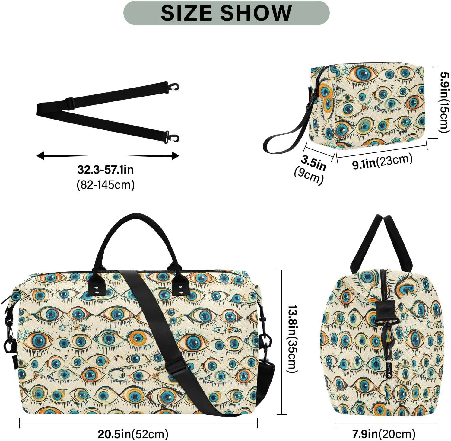 2-Piece Travel Organizer Set - Wave Quilted Expandable Duffel Bag with Detachable Toiletry Pouch, TSA-Compliant Carry-On for Gym/Camping/Airplane, Demon Eyes