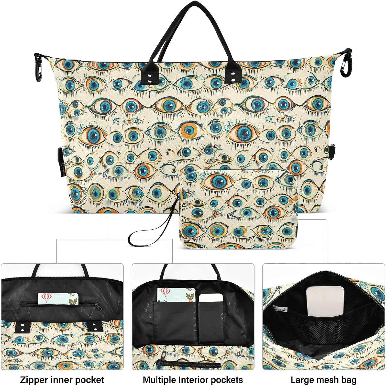 2-Piece Travel Organizer Set - Wave Quilted Expandable Duffel Bag with Detachable Toiletry Pouch, TSA-Compliant Carry-On for Gym/Camping/Airplane, Demon Eyes
