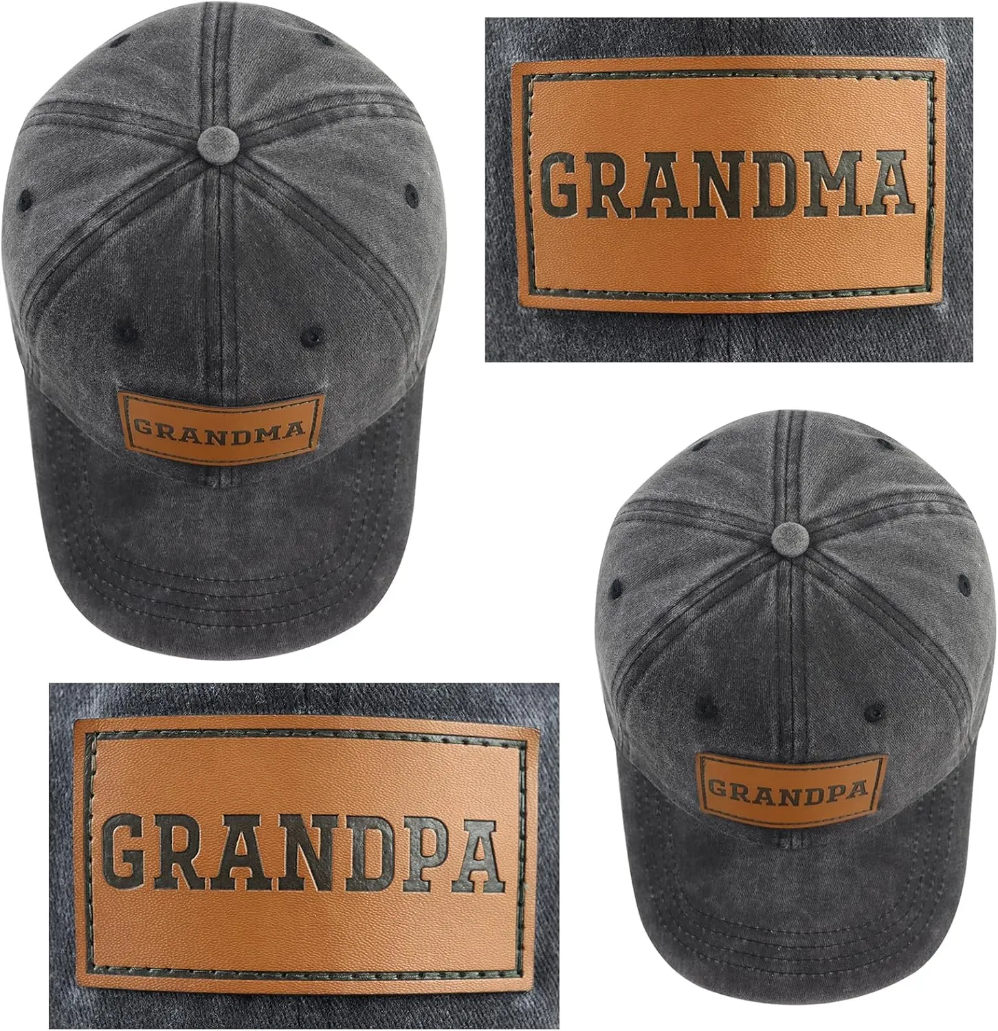 2PCS Matching Grandpa and Grandma Leather Patch Hats for Men Women, Adjustable Cotton Grandparents Gifts Baseball Cap