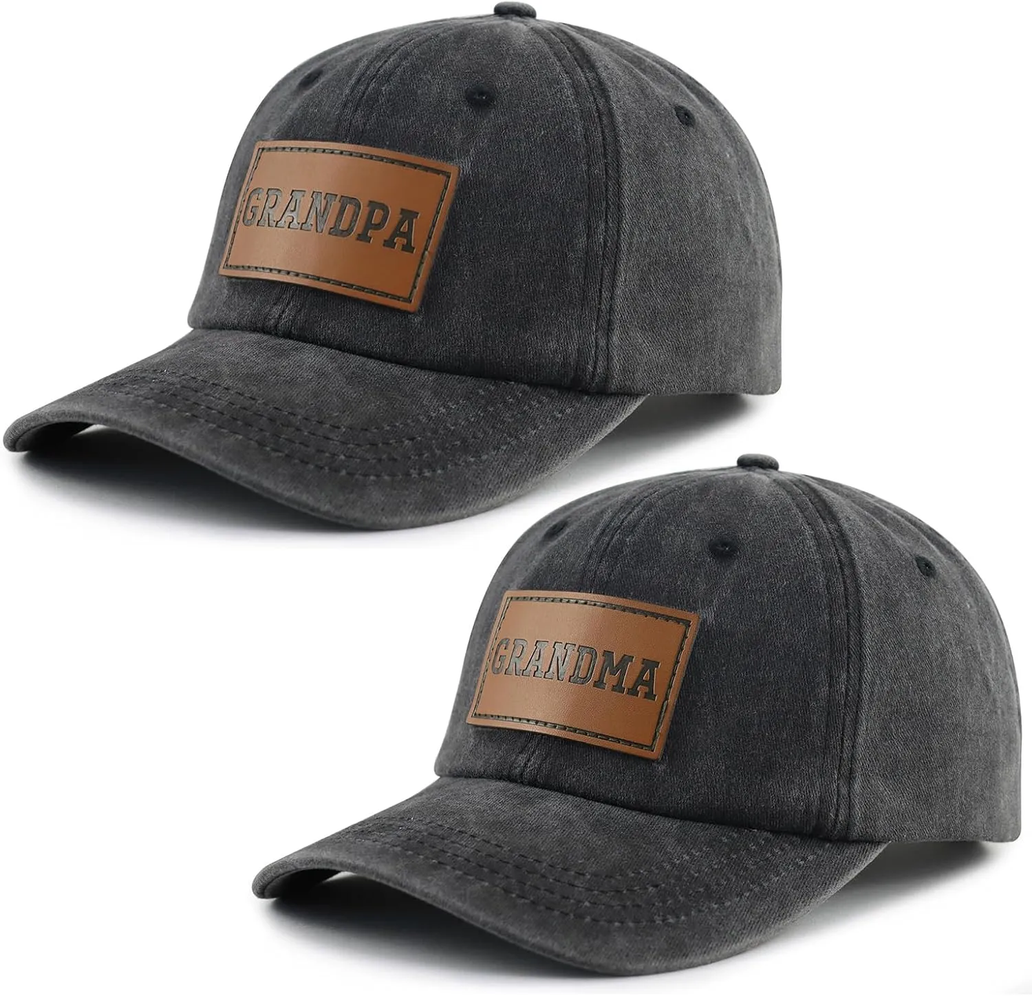 2PCS Matching Grandpa and Grandma Leather Patch Hats for Men Women, Adjustable Cotton Grandparents Gifts Baseball Cap