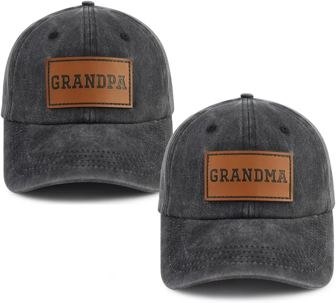 2PCS Matching Grandpa and Grandma Leather Patch Hats for Men Women, Adjustable Cotton Grandparents Gifts Baseball Cap