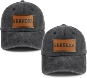 2PCS Matching Grandpa and Grandma Leather Patch Hats for Men Women, Adjustable Cotton Grandparents Gifts Baseball Cap