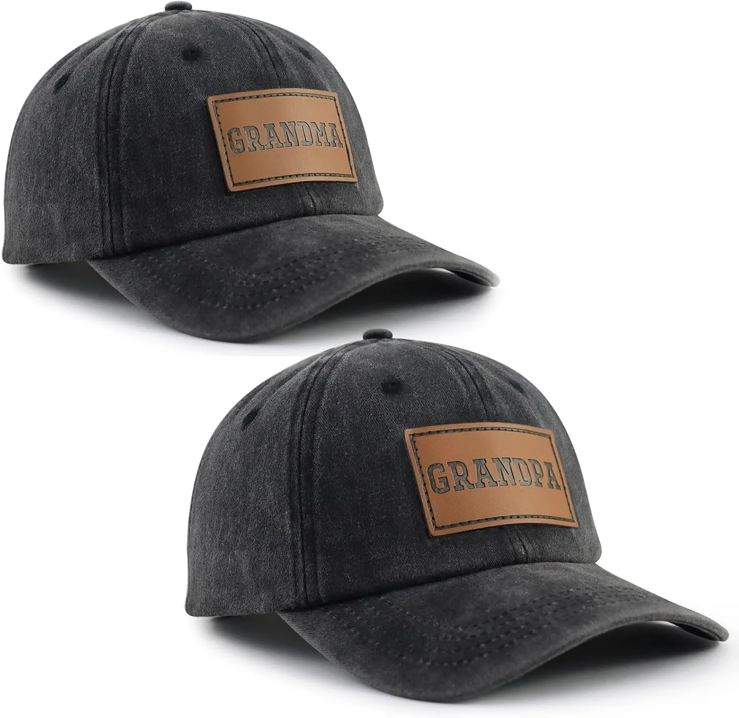 2PCS Matching Grandpa and Grandma Leather Patch Hats for Men Women, Adjustable Cotton Grandparents Gifts Baseball Cap