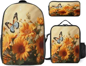 3 in 1 Backpack Set Sunflower And Butterfly Print Casual Backpack Set Small Cosmetic Bag Travel Daypack Crossbody Lunch Bag Coin Purse Set