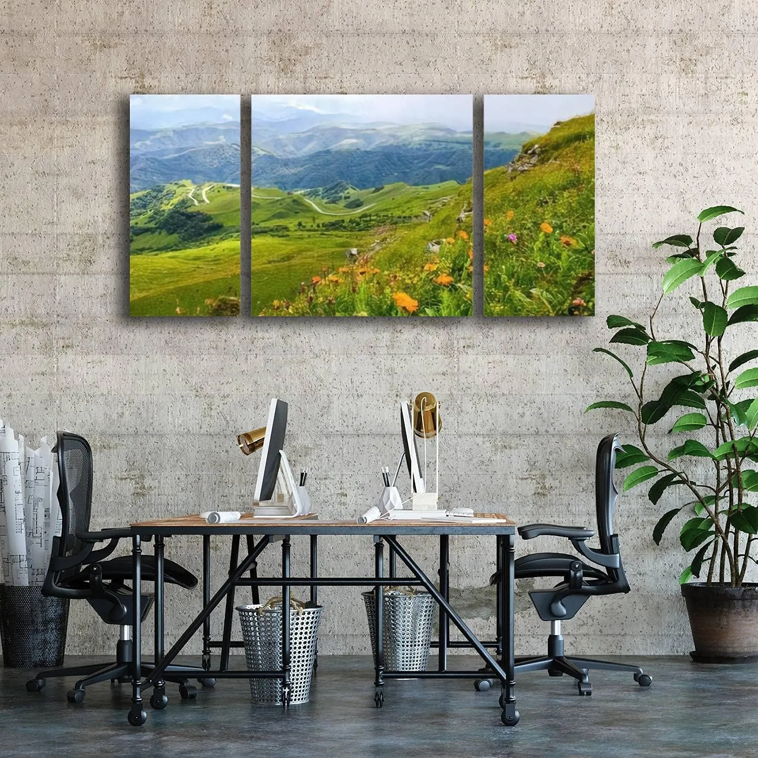 3 Panels Canvas paintings Spring mountain valley landscape Alpine flower scene Style Wall Art Modern 3D Canvas Printed Wall Art Framed for Office, Home Decor Ready to Hang