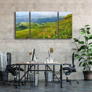 3 Panels Canvas paintings Spring mountain valley landscape Alpine flower scene Style Wall Art Modern 3D Canvas Printed Wall Art Framed for Office, Home Decor Ready to Hang