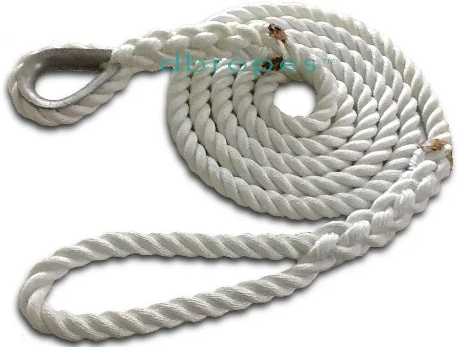 3 Strand Mooring Pendant Line 100% Nylon Rope 3/4" X 10 Ft with Thimble.Tensile Strength 13800 Lbs. Made in USA