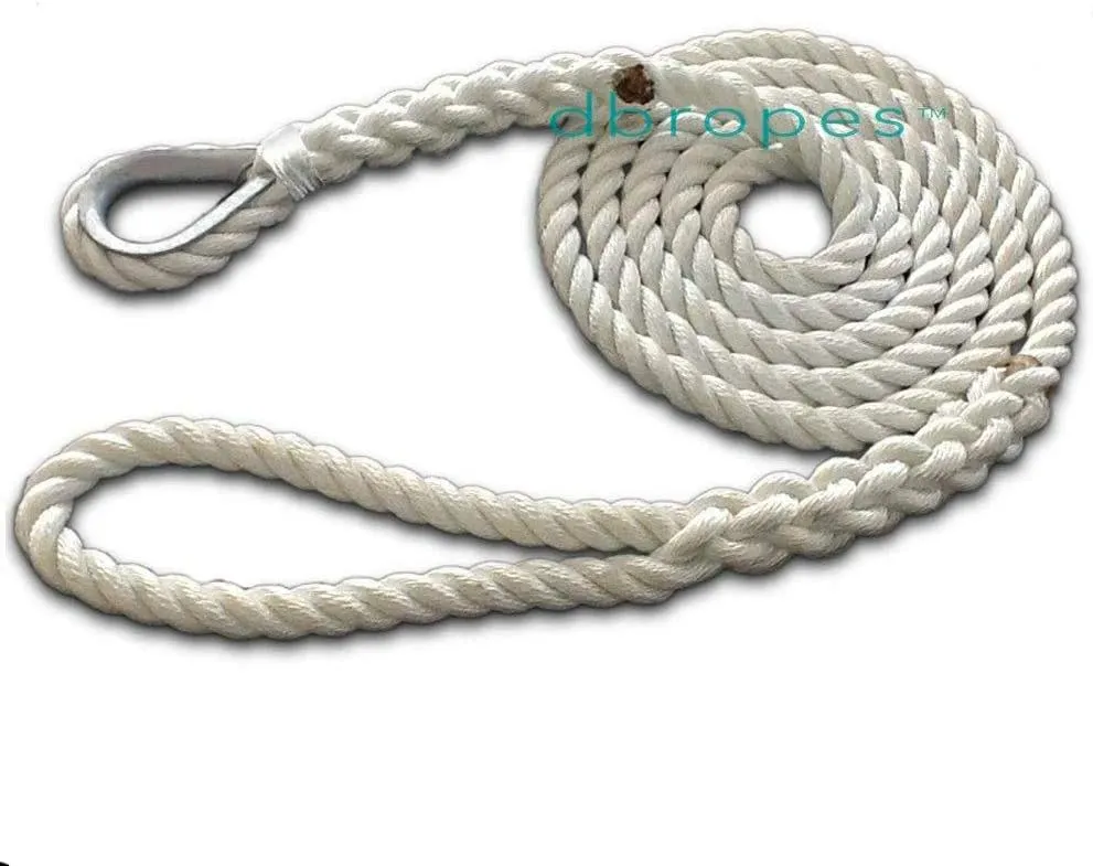 3 Strand Mooring Pendant Premium 100% Nylon Rope 1/2' X 10' with Thimble (Tensile Strength 6400 lbs.)