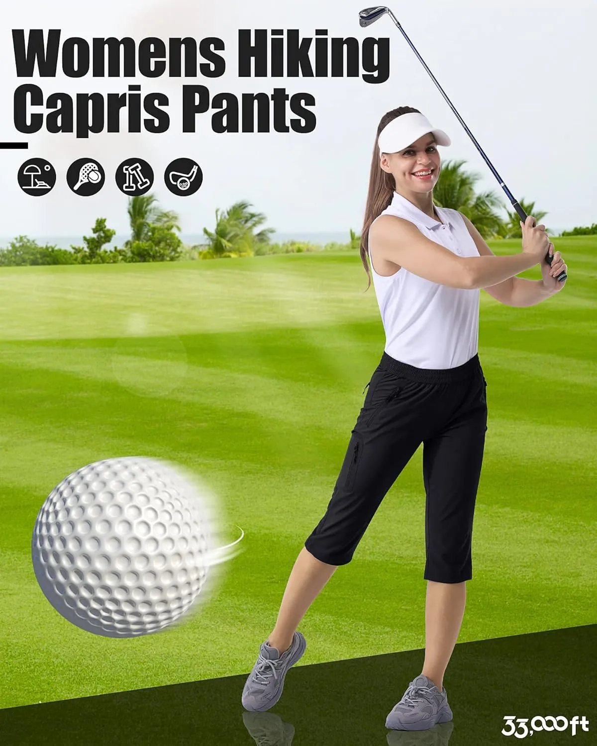 33,000ft Women's Capri Golf Pants Casual Quick Dry UPF 50  Lightweight Stretch Cargo Hiking Pants with Pockets