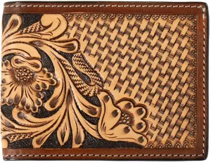 3D Belts Tan Floral and Basketweave Tooled Bifold Wallet