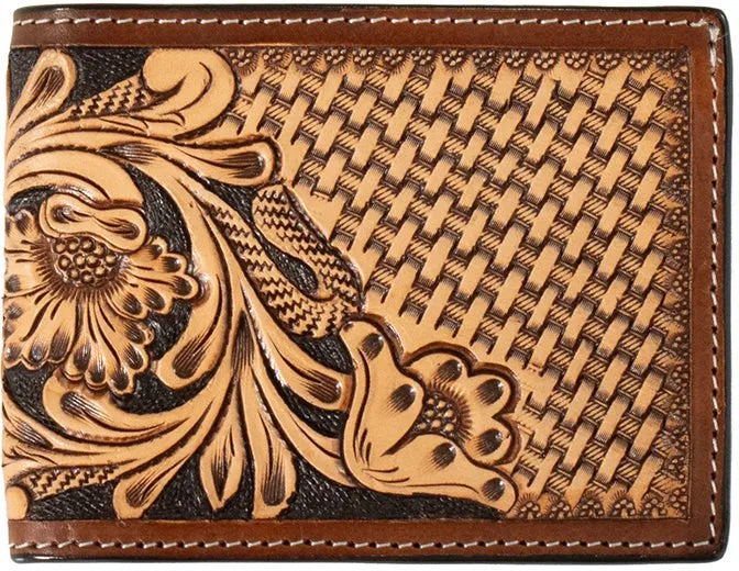 3D Belts Tan Floral and Basketweave Tooled Bifold Wallet